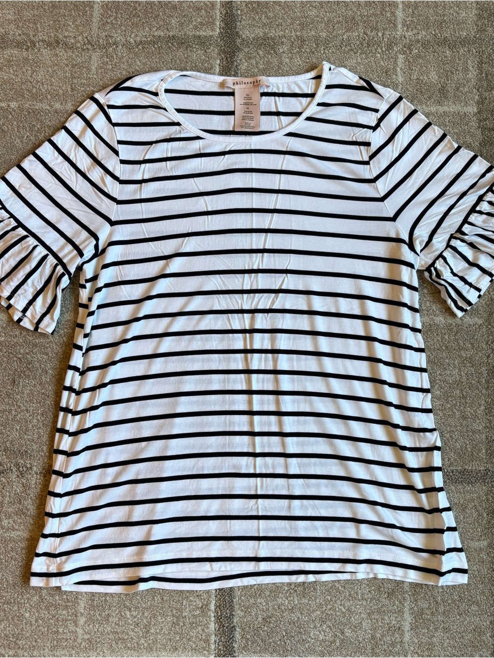 Philosophy Black and White Striped Ruffle Sleeve Tee